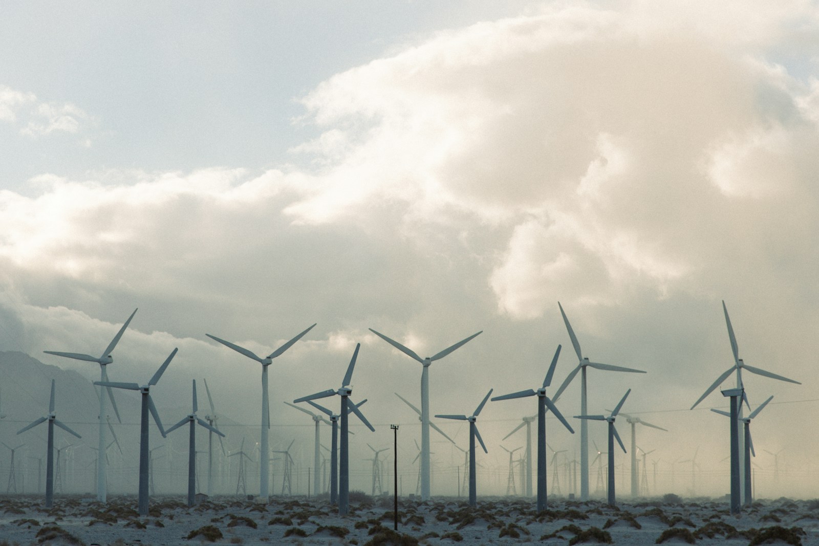a large group of windmills on a cloudy day